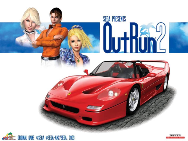 Постер OutRun 2. Персонажи в левом верхнем углу - Дженнифер, главный герой Альберто, Кларисса.
