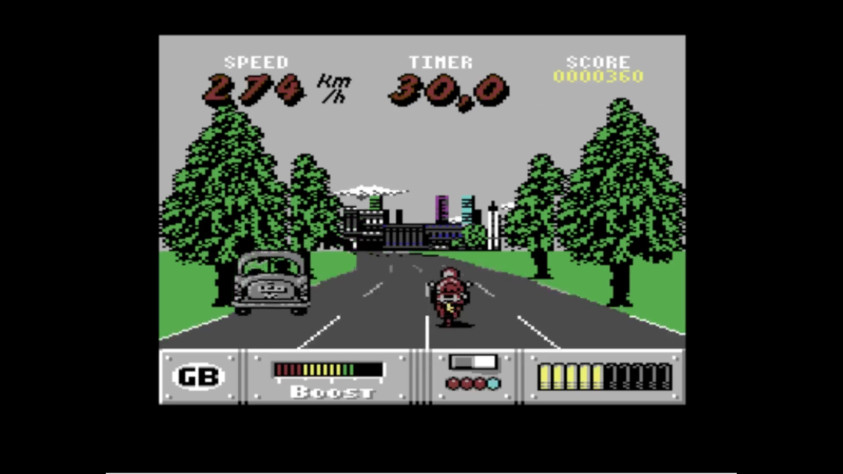 Кадр из версии Out Run Europa для Commodore 64, 1991 год