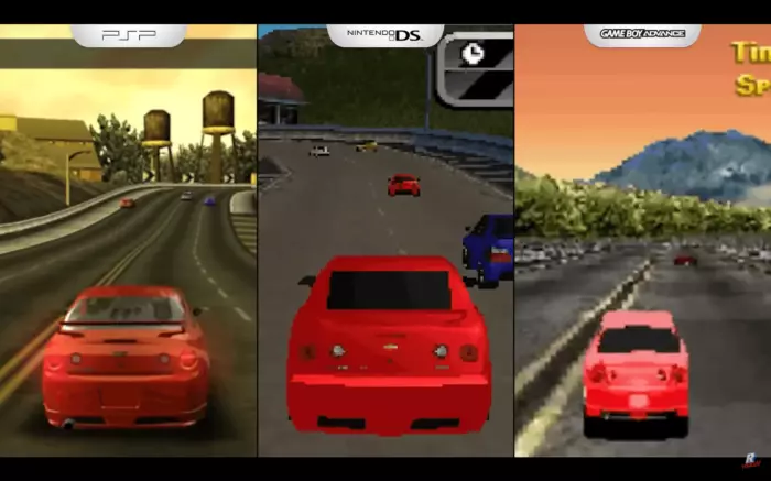 Скриншоты портов NFS MW на разных платформах: PSP, Nintendo DS,Game Boy advance.