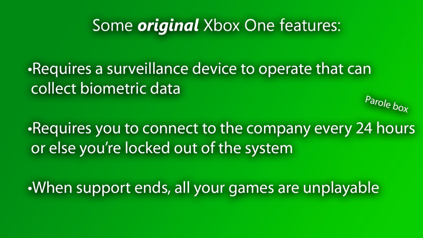 Скотт также вспоминает изначальные планы Microsoft на&amp;nbsp;Xbox One: по&amp;nbsp;ним получалось, что консоль стала&amp;nbsp;бы полностью бесполезной в&amp;nbsp;тот момент, когда корпорация прекратила&amp;nbsp;бы поддержку.