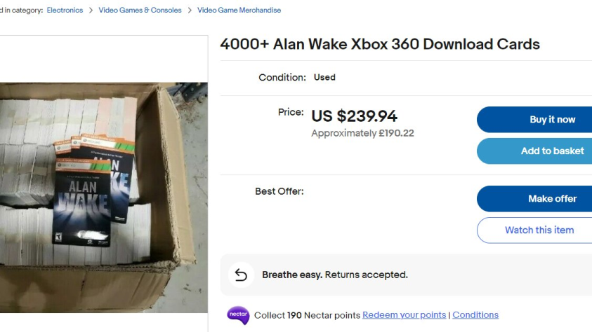 В&amp;nbsp;Сети объясняют, как мог появиться такой странный&amp;nbsp;лот. Когда выходила первая Alan Wake, издатель Microsoft спонтанно решил дарить цифровые копии игры за&amp;nbsp;покупку Xbox 360. Карточки с&amp;nbsp;кодами напечатали и&amp;nbsp;развезли по&amp;nbsp;торговым точкам магазина GameStop, а&amp;nbsp;чтобы сотрудники их&amp;nbsp;не&amp;nbsp;крали, каждый вкладыш внутри системы GameStop оценили в&amp;nbsp;$99,99. В&amp;nbsp;итоге, видимо, часть тиража так никуда не&amp;nbsp;попала.