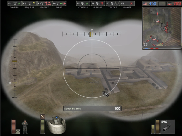 Интерфейс наводки артиллерии в&amp;nbsp;BF1942. С&amp;nbsp;такого ракурса подсвечивается место, обозначенное разведчиком с&amp;nbsp;бинокля. Хорошо видны места попадания снарядов&amp;nbsp;— а&amp;nbsp;шкалы вертикальной и&amp;nbsp;горизонтальной наводки помогают корректировать огонь.