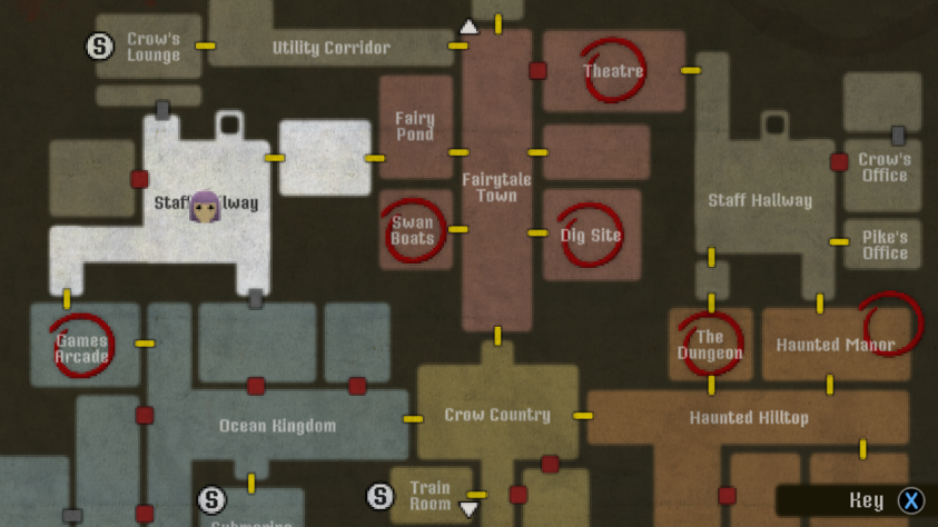 Карта получилась немаленькой, также имеется подземный этаж. Нерешённые головоломки отмечены красным кружком, ещё можно найти секретную карту, что покажет вам тайники на локациях.