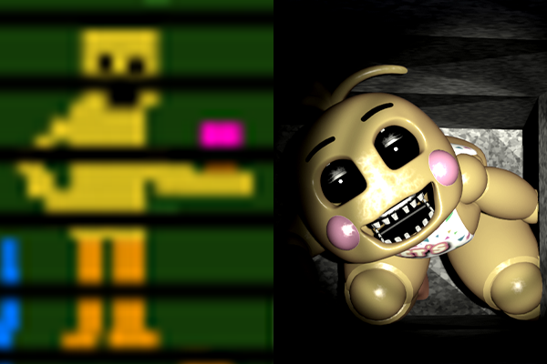 Игрушечная Чика без клюва в FNaF 4 и в FNaF 2
