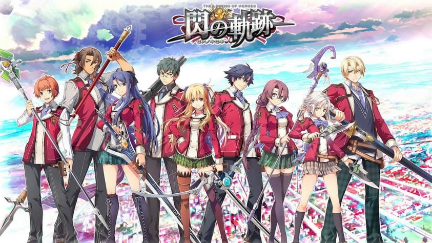 Главные герои Trails of Cold Steel I и II. Слева направо - Эллиот Крейг, Гай Ворцель, Лора Арсейд, Макиас Регниц, Алиса Райнфорд, Рин Шварцер, Эмма Мильштейн, Фи Клозелл, Юзис Альбареа