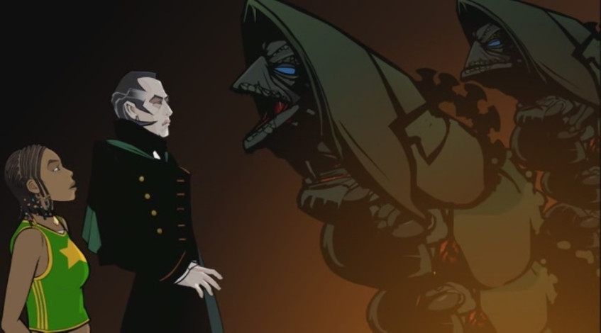 Кадр из мультсериала Scream of the Shalka. Мужчина слева – уникальная для мультфильма инкарнация Доктора, озвученная Ричардом Е. Грантом