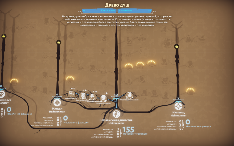 Вкладка Древа&amp;nbsp;душ. В&amp;nbsp;начале игры разблокирована только стартовая ветка (в&amp;nbsp;данном случае&amp;nbsp;— независимые династии)