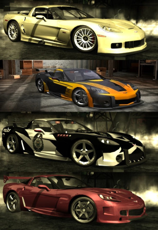 Сверху вниз: Corvette C6.R из&amp;nbsp;игры, ранняя версия автомобиля Кросса, релизная версия автомобиля Кросса и&amp;nbsp;Corvette C6 из&amp;nbsp;игры