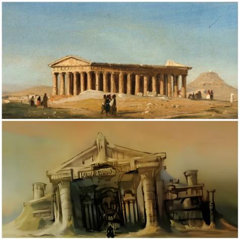 Сравните картину&amp;nbsp;И. Каффи «Храм Гефеста, Афины» (1809) с&amp;nbsp;концепт-артом Пустыни потерянных душ в&amp;nbsp;God of&amp;nbsp;war I