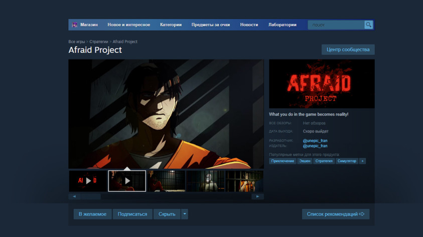 Страница Afraid Project в Steam