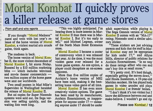 Record-Journal об успешном релизе Mortal Kombat II, 1994 год