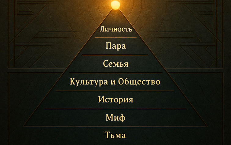 Нейросеть упустила один из глубинных этажей «Бытие», которое можно расположить между «Мифом» и «Тьмой», но общая схема и без того понятна. Тем более, что она условная по описанным выше причинам. Всё, что ниже истории — это фундамент и Тьма. История — это условно первый этаж, через который мы можем войти во фрактал, а далее уже перемещаться по нему, проецируя архетипы в разные стороны в меру своего восприятия, жизненного опыта, уровня и глубины знаний.