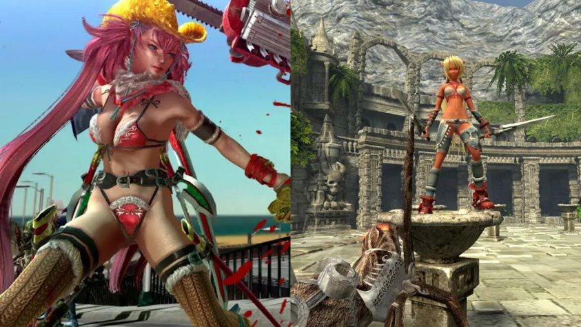 Корифеи жанра &quot;мастурб-экшн&quot; -&amp;nbsp;Onechanbara: Bikini Samurai Squad (слева) и&amp;nbsp;X-Blades (справа)