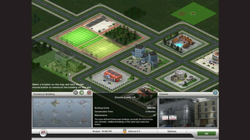 Окно инфраструктуры в FIFA Manager 07 в стиле SimCity. В игре было более 100 различных объектов. Зачем футбольному клубу тратить деньги на строительство кинотеатра? Конечно же ради прибыли